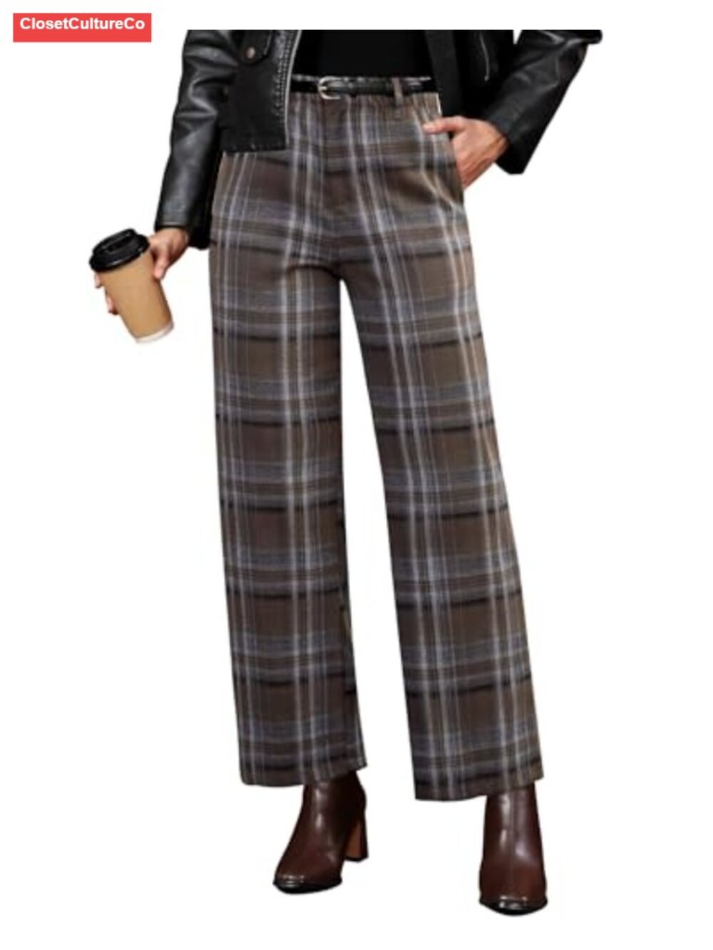 Plaid Wide Leg High Waisted Trousers Elastic Waist Work Business Casual Pants